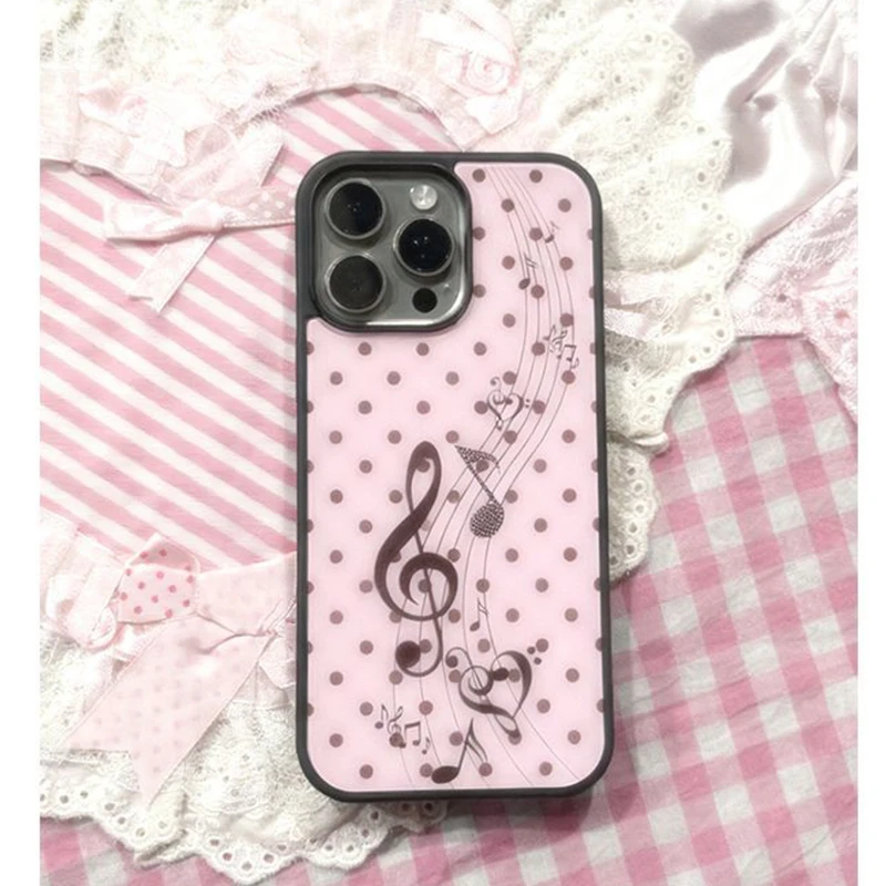Phone Accessories For Girls - เคสโทรศัพท์ลายจุดสีชมพู-น้ำตาลสไตล์เกาหลี ลายหัวใจและโน้ตดนตรี สำหรับ iPhone 17 16