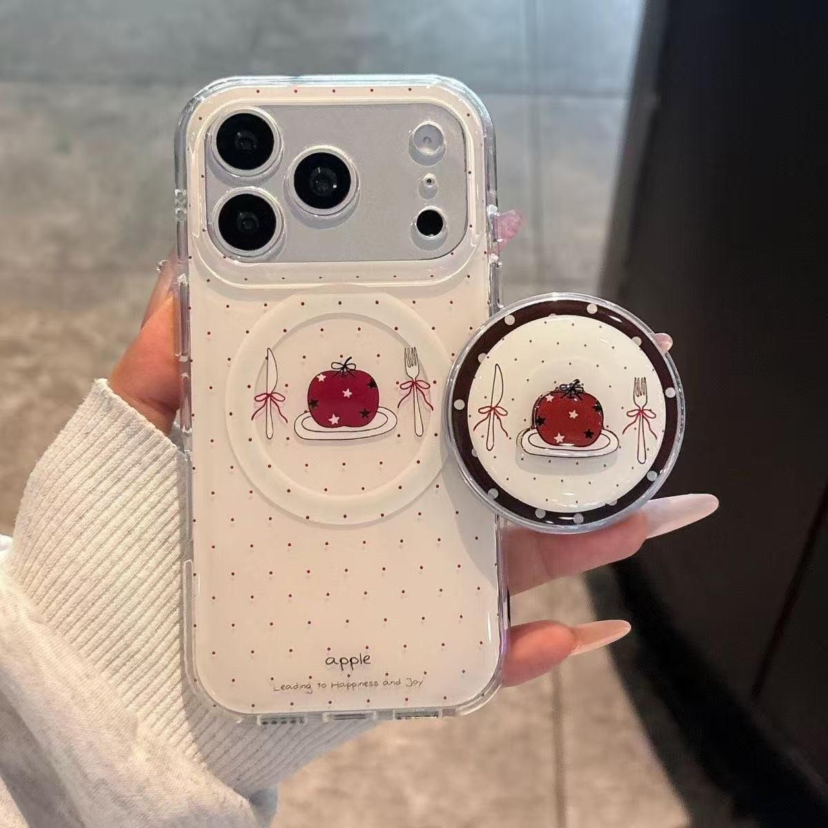 Phone Accessories Red - ที่จับโทรศัพท์แม่เหล็กแบบพับได้ รุ่นวินเทจ สีแดง ลายแอปเปิ้ล พร้อมขาตั้งแบบถุงลมนิรภัย ป้องกันการตกหล่น