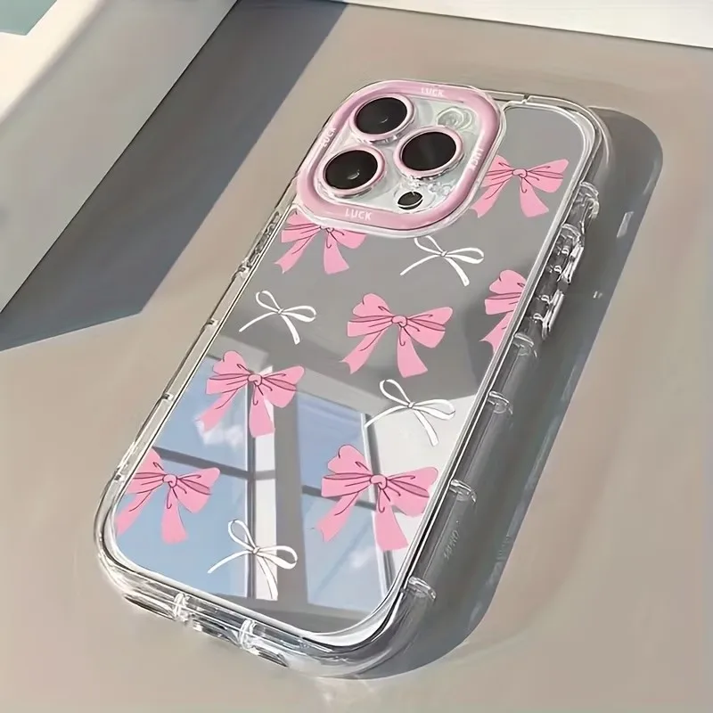 Phone Accessories For Girls - เคสโทรศัพท์ลายโบว์สีฟ้าชมพูน่ารักสำหรับสาวๆ พร้อมกระจกแต่งหน้า สำหรับ iPhone 17 AIR