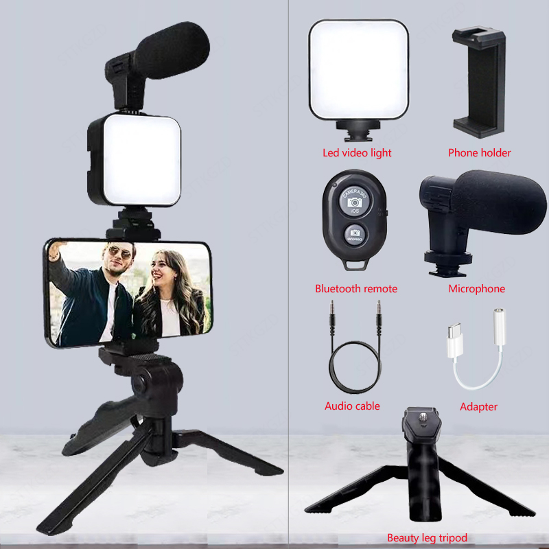 Youtube Phone Accessories - ชุดอุปกรณ์วิดีโอบล็อกกิ้งสำหรับสมาร์ทโฟน AY49 พร้อมขาตั้งโทรศัพท์ ไมโครโฟนขนาดเล็ก ไฟ LED